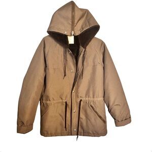 LONDON FOG Vintage Men’s 40R Hooded Tan Parka Fur Lined Zip + Snap Zipper Hood